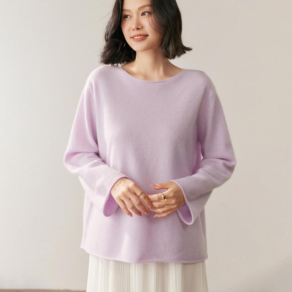 Women's Round Neck Cashmere Sweater - 2026 Autumn/Winter Korean Style Knit, Rolled Edge, Loose Fit, Warm Base Layer.