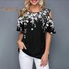 Damen T-Shirt Rundhalsausschnitt Kalte Schulter Kurzarm T-Shirt Lockere Passform Blumendruck Lässiges T-Shirt Für Den Alltag
