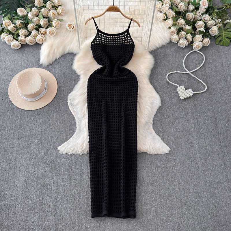 

Bohemia Seaside Holiday Hollow Backless Spaghetti Straps Knitted Dress Women s High Waist Slim Looking Travel Beach Long Dress Black All yards