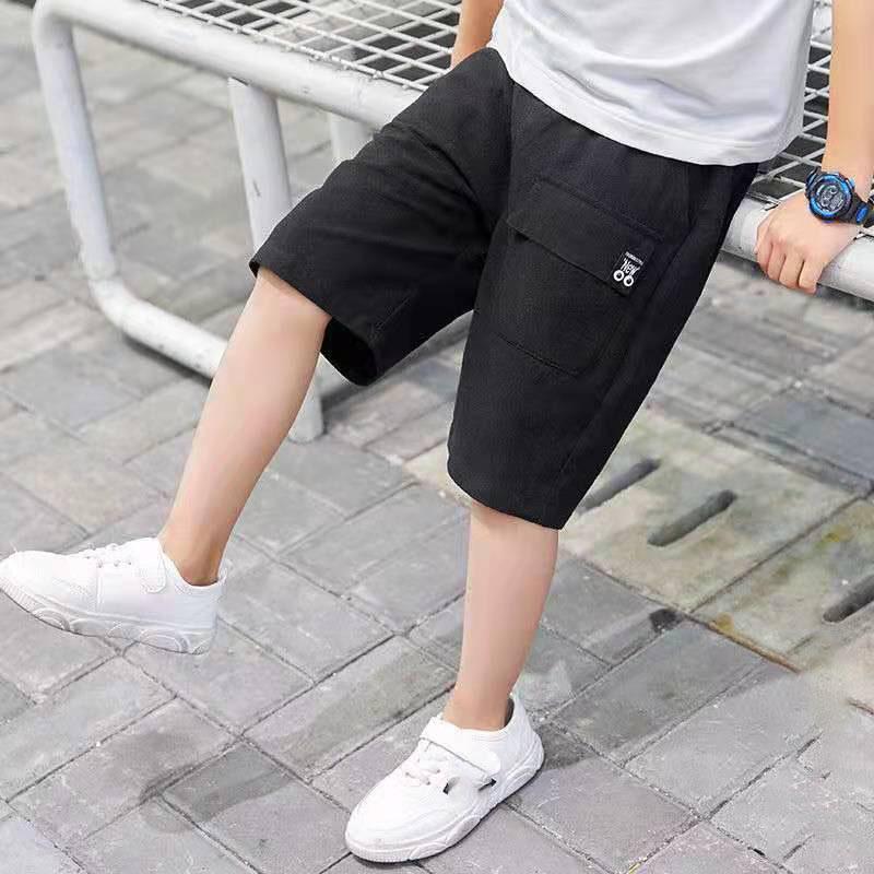 Children Boys Shorts Casual Solid Color Elastic Waist Boys Cargo Pants Summer Calf Length Kids Trousers Sport Pants for 2-12 Yrs