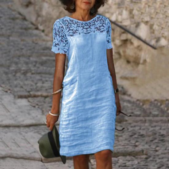 Damen Sommerkleid Aushöhlen Spitze Nähte Kurzarm Einfarbig Locker Täglich