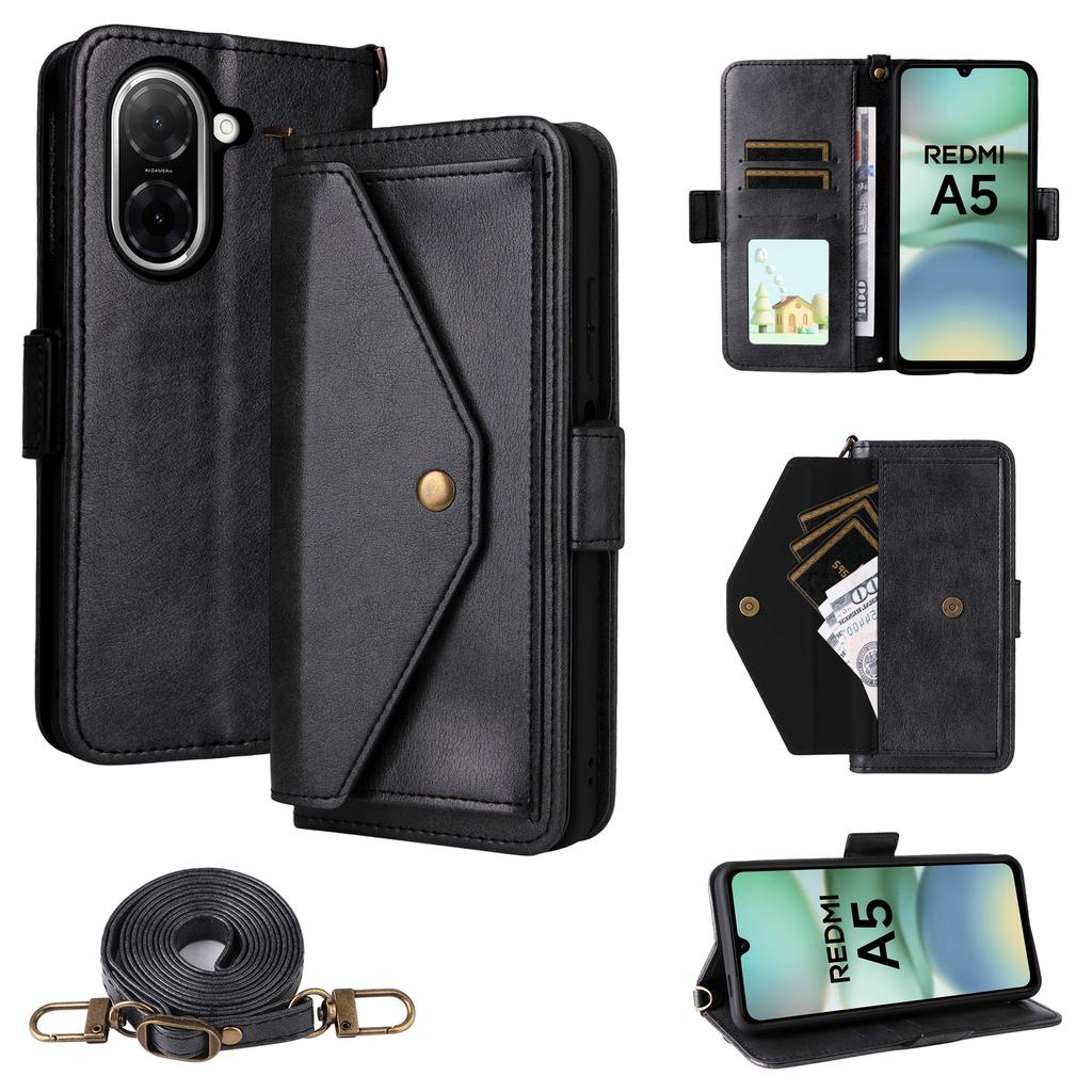 For Xiaomi Redmi A5 NFC (173.45mm) Lærveske Magnetisk lukking Lommebok Stativ Telefondeksel med crossbody-stropp