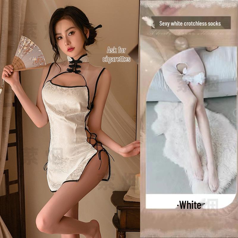 Retro Cheongsam Temptation Lingerie Set with Side Slit and Lace-up Design