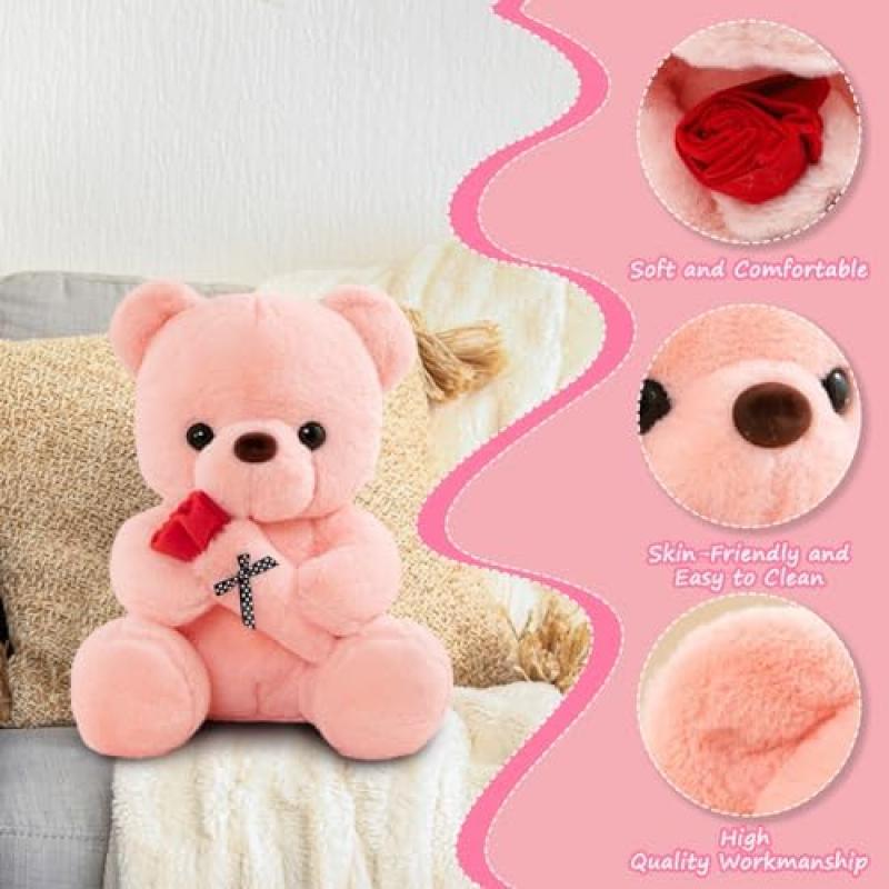 RANJIMA Teddy Bear with Rose, 35cm Pink Plush Stuffed Animal Toy Pillow Birthday Valentine's Day Gift for Girlfriend Women