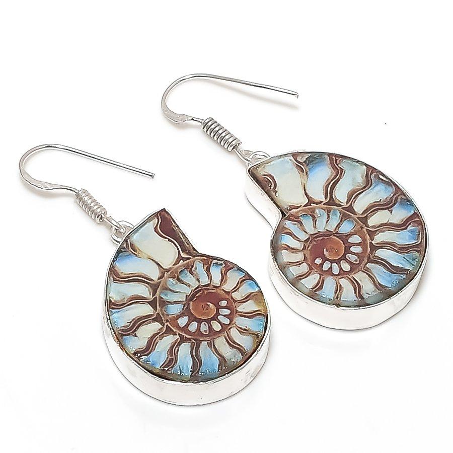 Natural Ammonite Fossil Gemstone 925 Sterling Silver Jewelry Earring 1.81" G6z37