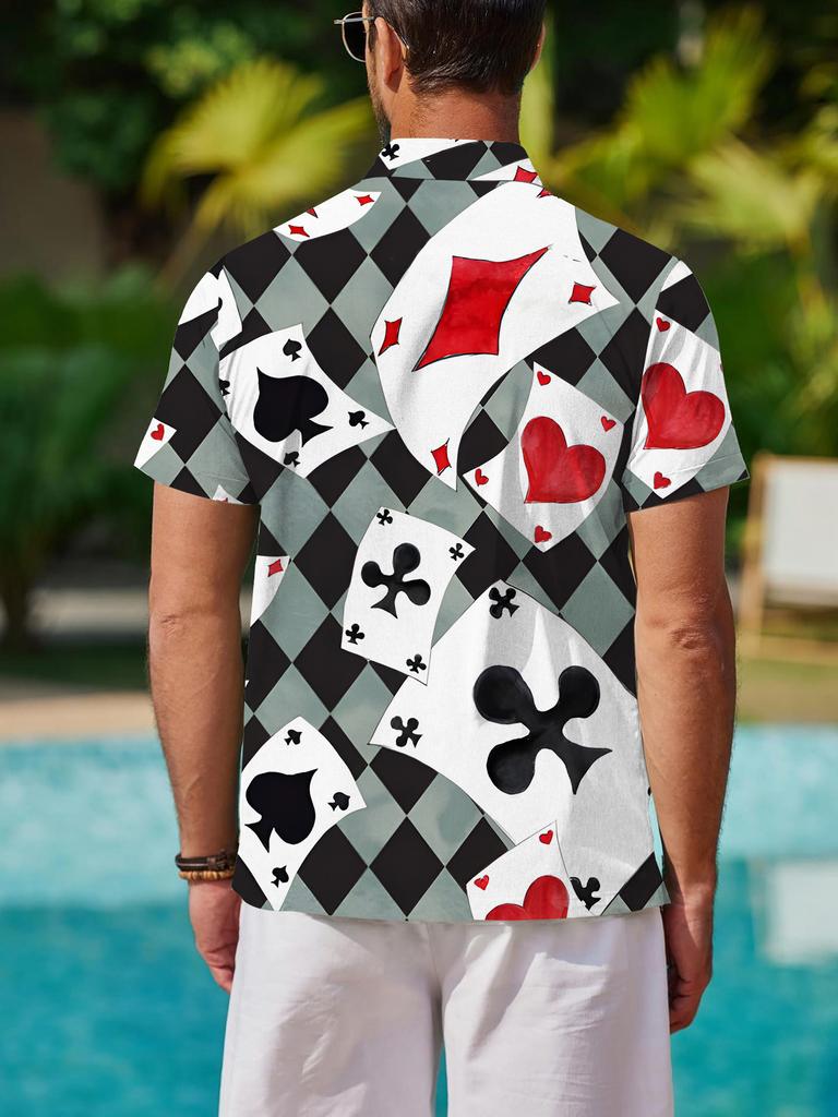 Men's Plus Size Oversized Short Sleeve Shirt with Playing Cards Jack of Spades/Hearts Print - Loose Fit Collar Summer Streetwear Blouse - Machine