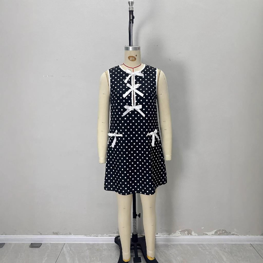 European and American elegant and simple summer new round neck loose sleeveless polka dot skirt loose mini skirt