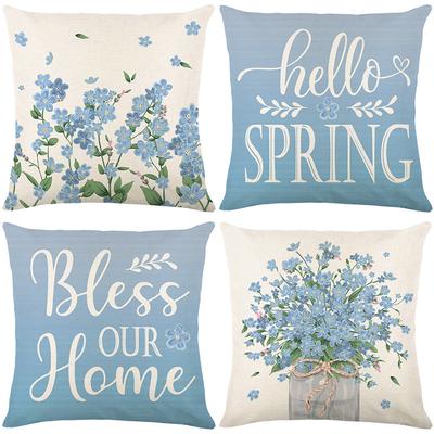 Blauer floraler Kissenbezug Frühlingsbotanischer Druck Polyester Sofa Dekokissenbezug Schlafzimmerkissen