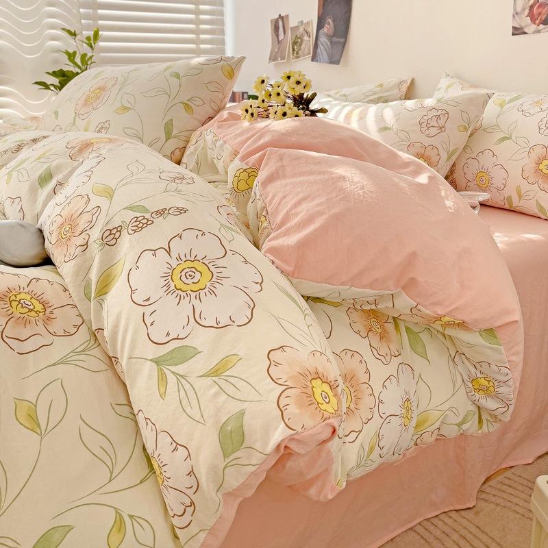 Small Fresh Washed Cotton Four-piece Set, Bedding Quilt Cover, Dormitory Single Bed Three-piece Set