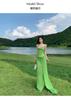 Xinjiang Western Sichuan Grassland Design Sense Green Swinging Collar Micro-transparent Chiffon Suspender Dress Backless Vacation Beautiful Long Dress