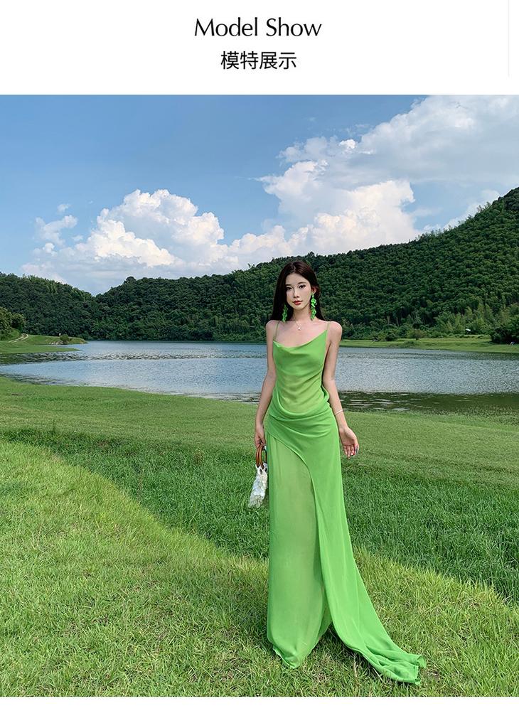 Xinjiang Western Sichuan Grassland Design Sense Green Swinging Collar Micro-transparent Chiffon Suspender Dress Backless Vacation Beautiful Long Dress