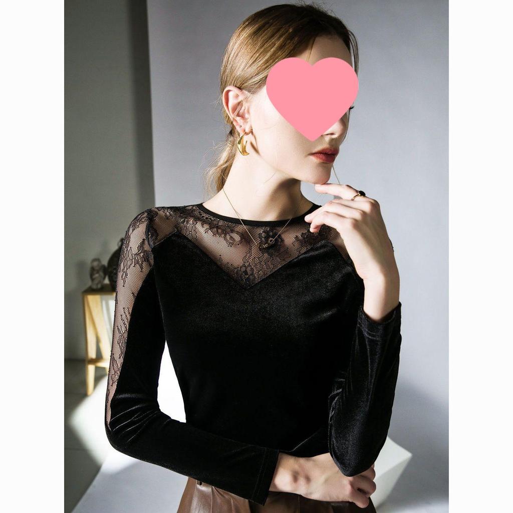 Velvet Lace Patchwork Cinched Waist Women's Top - Chic Autumn Layered Fashion Shirt