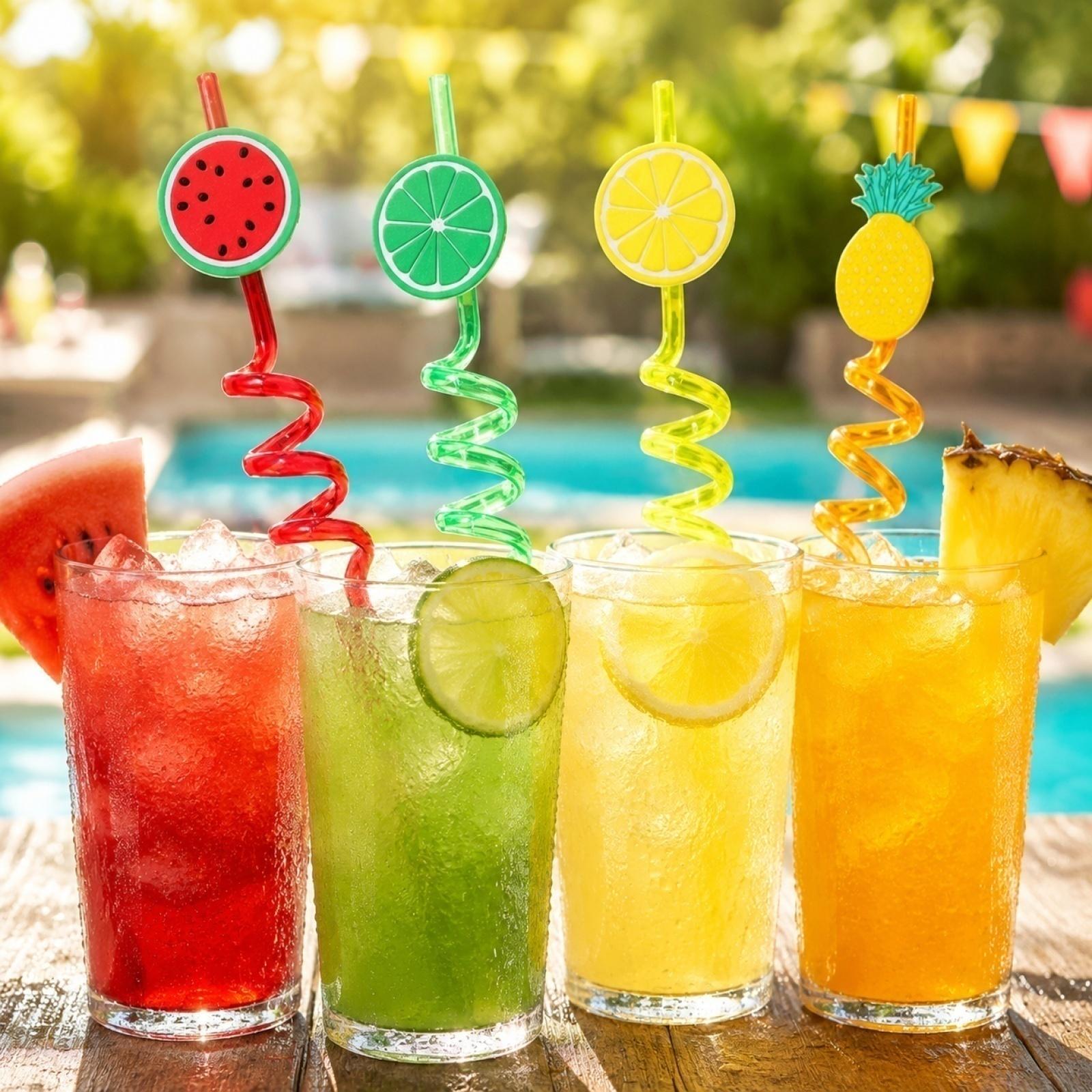 

Set of 4 Spiral Drinking Straws with Fruit Shaped Toppers Plastic Reusable Party Beverage Straws for Indoor Outdoor Use One Size