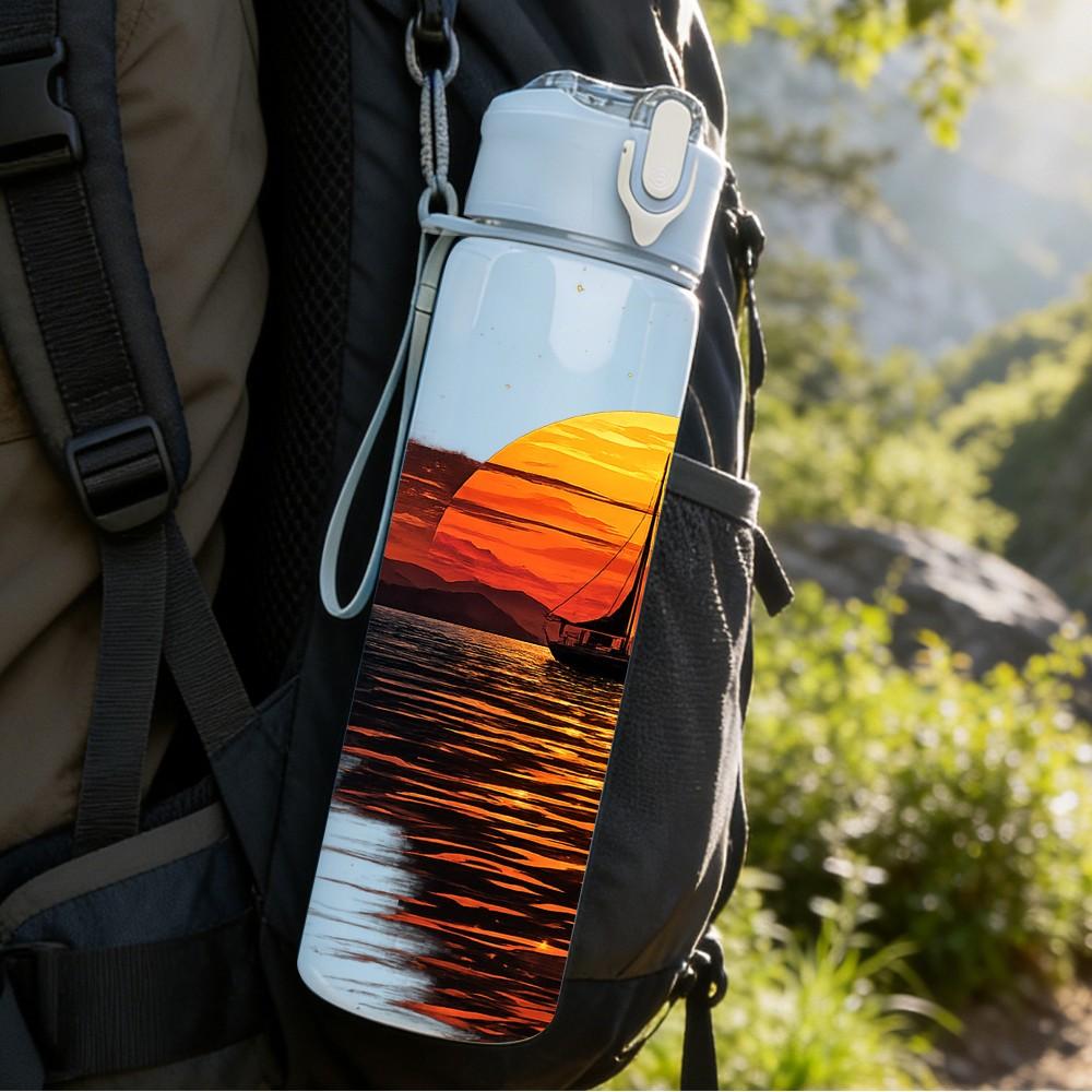 1PC Sunset Ocean Boat Water Scenery Print 750ml Color Plastic Sports Water Bottle Leakproof Flip Straw Lid Suitable for Sports Office Home Use