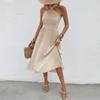 New summer vacation solid color neck pleated dress