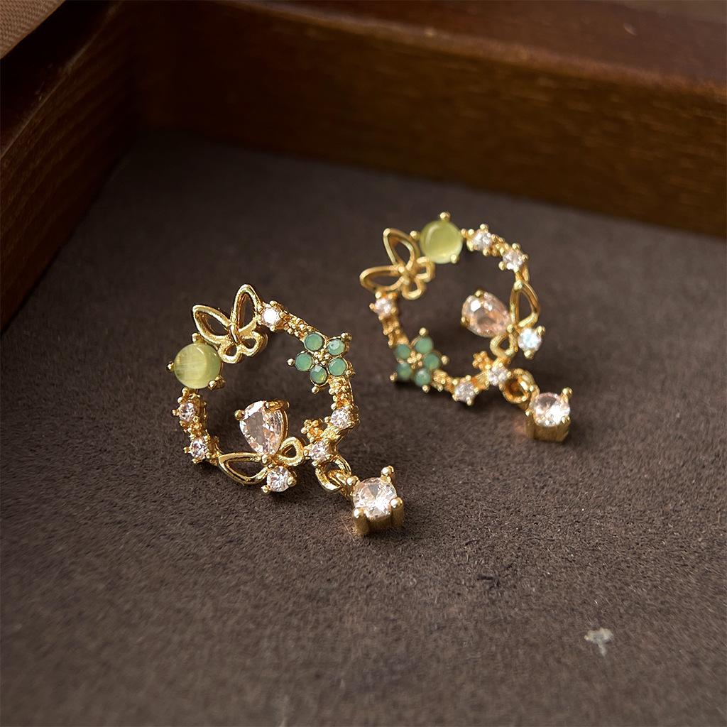 Silver Needle Butterfly Zirconia Earrings: French Retro High-End Luxury for Women.