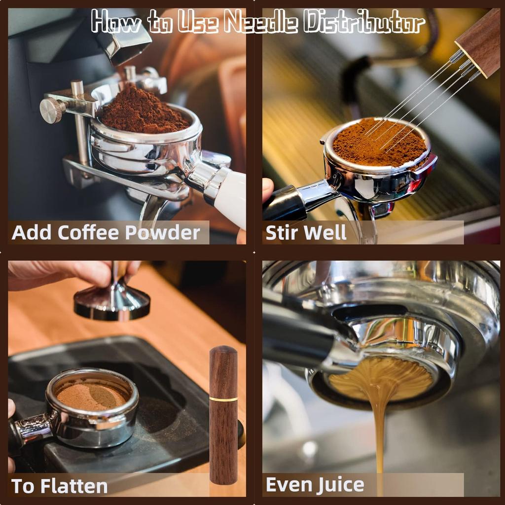 6-Needle Espresso Distribution Tool – Coffee powder distributor, 0.4mm Pins to Break Up Clumps & Prevent Channeling, Wood Handle