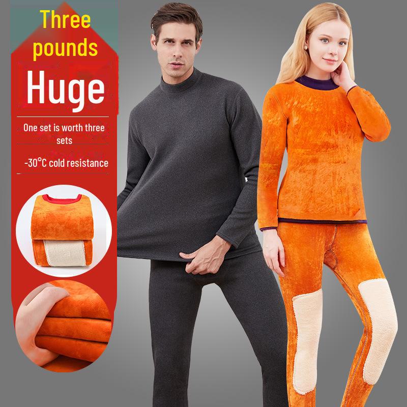 Men's and Women's Plus Velvet Thick Thermal Underwear Suit for Middle-aged and Elderly - Solid Color Winter Set