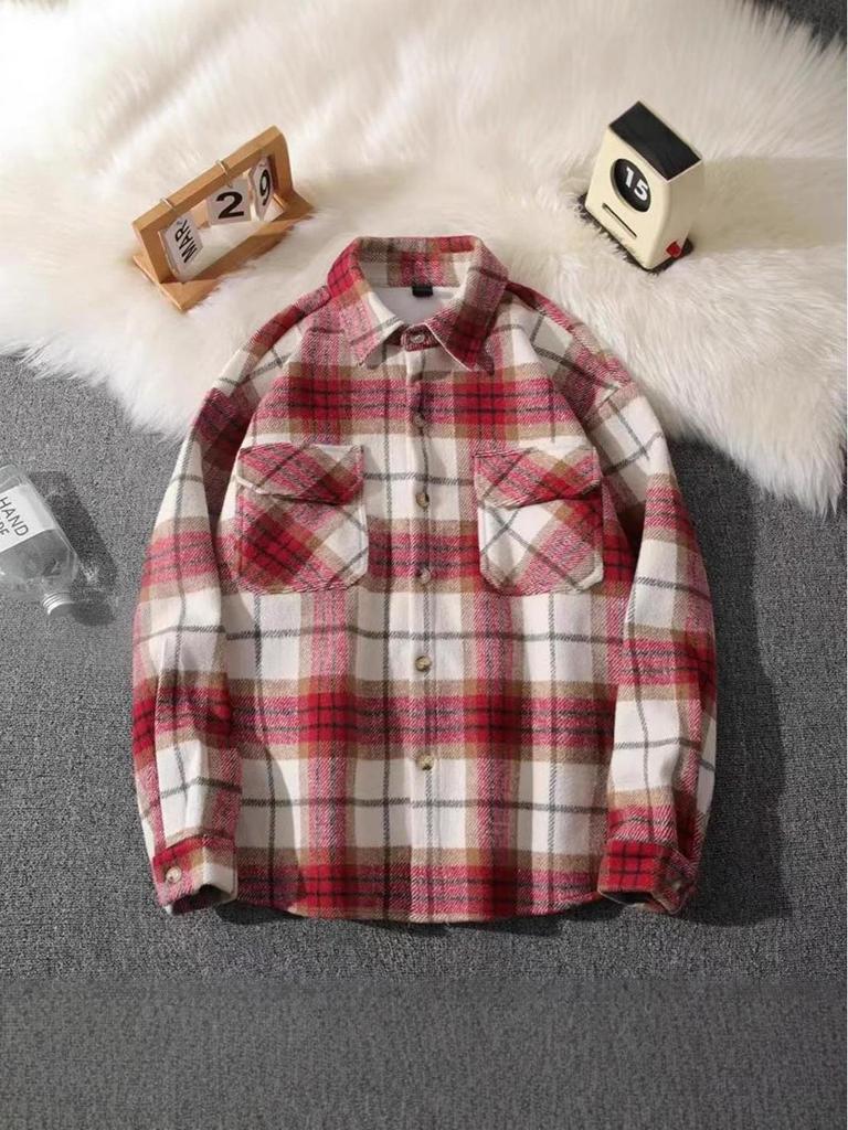 Men's Thickened Plaid Shirt Jacket with Lapel and Pockets - Autumn/Winter