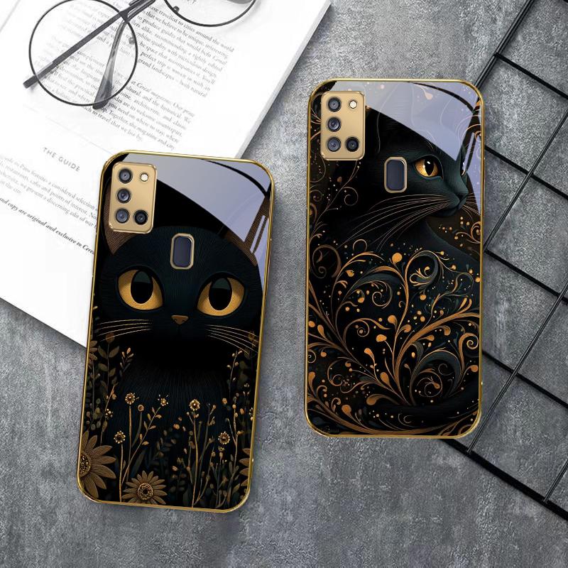 Fantastic Black Cat For Samsung A 31 32 A33 A34 35 14 A15 13 A16 25 26 50 52 53 54 55 56 70 71 72 73 Golden glass phone case