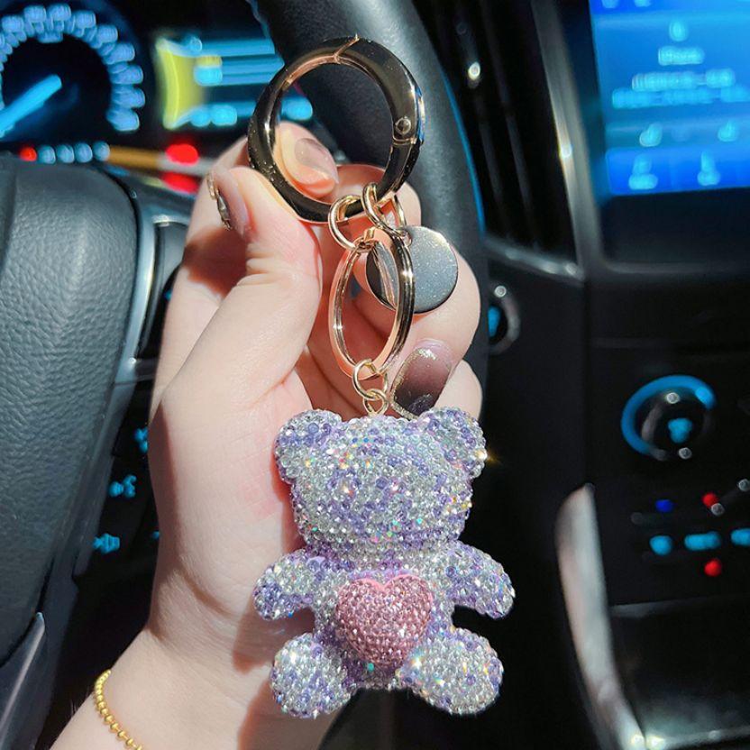 Unique Fun Keychain Gift For Girls Pure Handmade DIY Inlay Full Of Rhinestone Cute Bear Car Keychain Pendants And Bag Ornaments