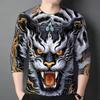 Round Neck 3D Tiger Printed Top Casual Long Sleeved Men's T-shirts - Soft Medium Stretch Polyester Fabric Spring and Autumn Relaxed Fit Clothing