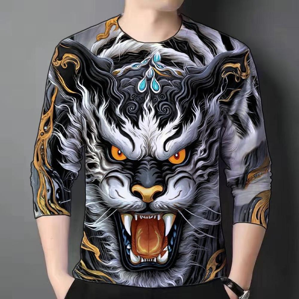 Round Neck 3D Tiger Printed Top Casual Long Sleeved Men's T-shirts - Soft Medium Stretch Polyester Fabric Spring and Autumn Relaxed Fit Clothing