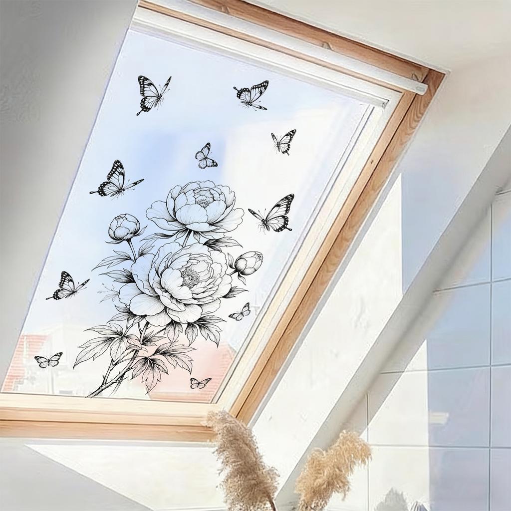 Creative Black White Sketch Line Art Peony Butterfly Static Cling Wall Sticker for Kitchen Bathroom No Glue Home Decor