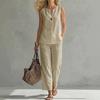 Completi da Donna in Cotone e Lino a 2 Pezzi, Top a Canotta Senza Maniche con Scollo a V e Pantaloni a Gamba Larga, Outfit Casual da Casa con Tasche