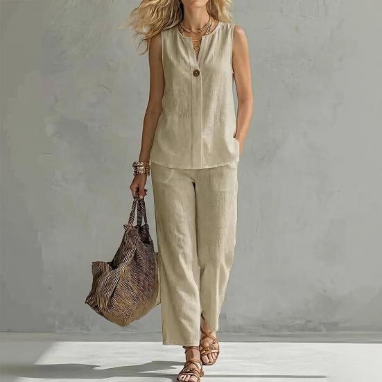 Completi da Donna in Cotone e Lino a 2 Pezzi, Top a Canotta Senza Maniche con Scollo a V e Pantaloni a Gamba Larga, Outfit Casual da Casa con Tasche