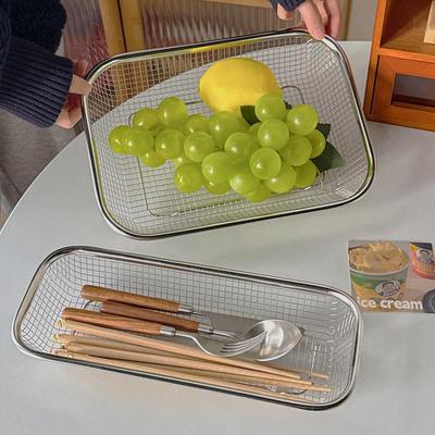 Cesto Frutta in Rete di Acciaio Inossidabile Vassoio Rettangolare in Filo Metallico con Manici Per Piano Cucina Frutta Verdura Lavaggio
