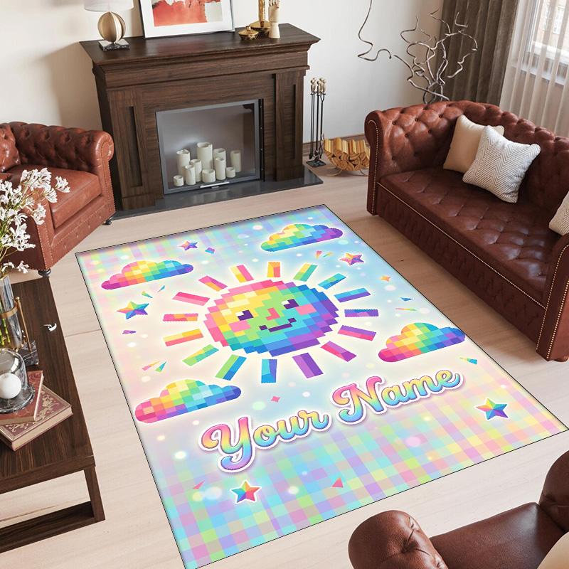 Rainbow Theme Crystal Velvet Floor Rug Personalized Custom Name Text Warm Carpet Home Decoration