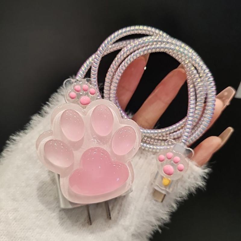 Cartoon Cute Cat Claw Transparent Silicone Charger Case For Iphone 15 18W-20W Fast Charge Protection Cover Charger Sleeve
