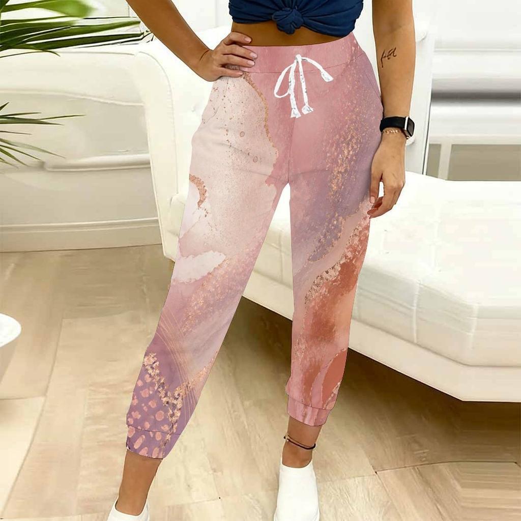 Women Plus Size Blue Gold Marble Printed Drawstring Waist Side Pockets Cuffed Ankle Jogger Pants