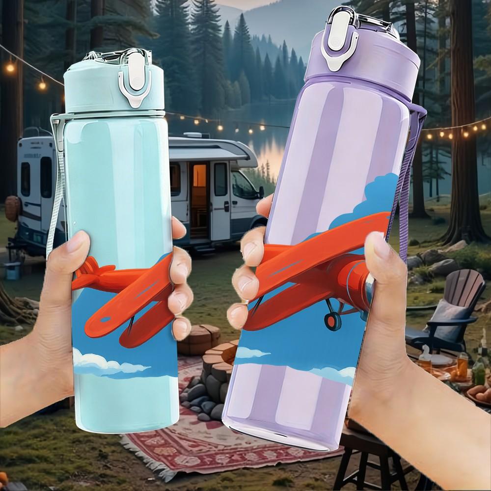 1PC Red Airplane Blue Sky Scene 750ml Color Plastic Sports Water Bottle Leakproof Flip Straw Lid For Sports Office Home Use