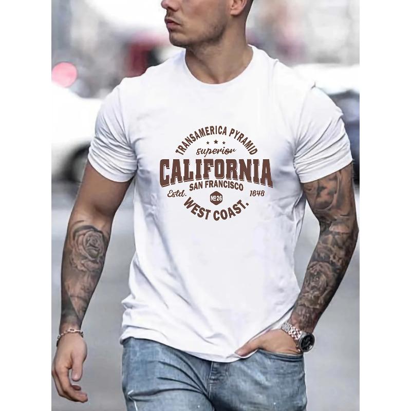 Men's Casual Sports Loose California West Coast Trend Printed Cotton Plus Size Round Neck Short Sleeve T-Shirt Top