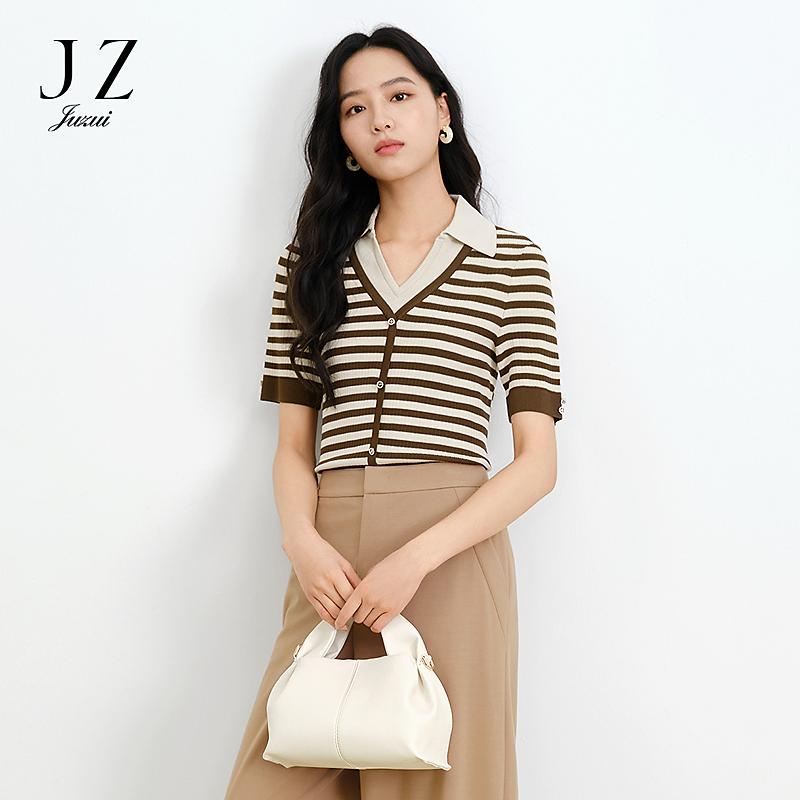 JUZUI fake two-piece V-neck striped knitted sweater summer new JWFX31206