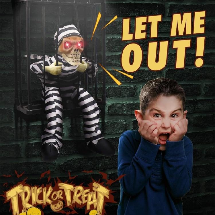 Jump Scare Gefangener Totenkopf Käfig Hängende Dekoration Mit Sensortechnik Blinkendes Auge und Geräusch Für Feiertags-Setups