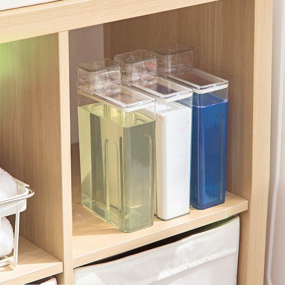 Transparente Waschmittel-Spenderflasche mit Messbecher, großer Kapazität, Waschpulverbehälter, versiegelt, 1,3 l