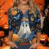 Women's Halloween Printed V-Neck Short Sleeve Tunic with Button and 3/4 Sleeves for Casual Fall Wear