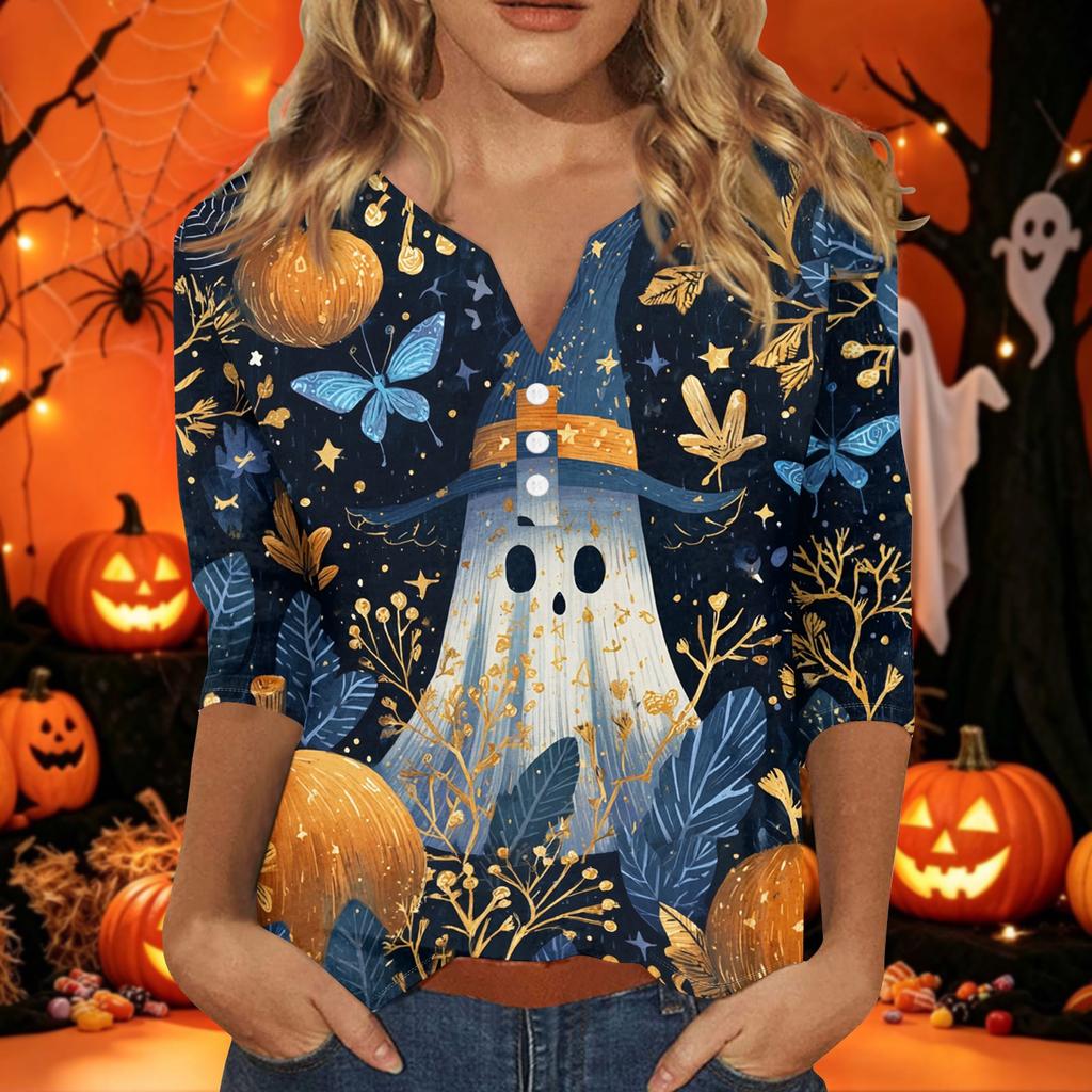 Women's Halloween Printed V-Neck Short Sleeve Tunic with Button and 3/4 Sleeves for Casual Fall Wear