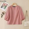 ZANZEA Dame Casual Rund Hals Løs 3/4 Erme Ensfarget Bluse