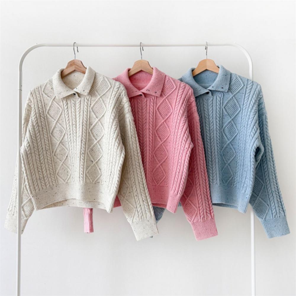 New Arrivals Open Run Women Cable Design Two Way Collar Knit Autumn Boucle