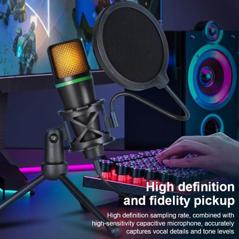 Portable USB RGBs Computer Microphones with Gains Control and Shock Absorption for Travel Bloggers Gamers and Streamers