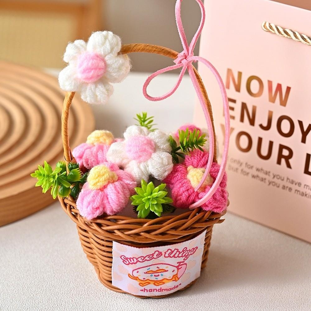 Home Decor Knitted Flower Basket Gift Basketed Crochet Flowers Crochet Flower Bouquet  Mother's Day