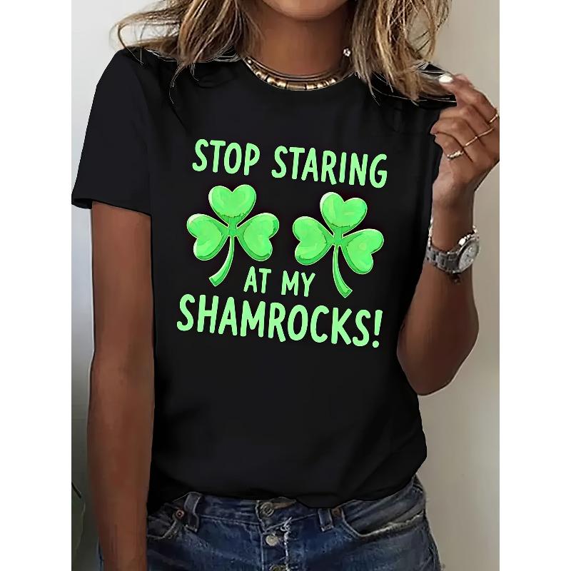 Женская повседневная футболка с круглым вырезом с надписью «Хватит пялиться на мои клеверы!»    Графический - С коротким рукавом, Летний и Весенний Топ, Повседневная Одежда S чёрный