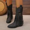 Pointed Toe Tassel Middle Heel Rivet Mid Calf Shoes Woman Spring Autumn Half High Boots for Women New Rock Footwear On Promotion