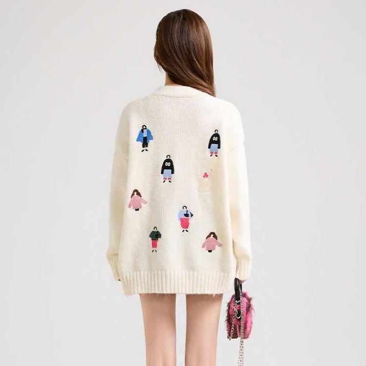 Dimanaf Winter 2025 Autumn Cardigan Embroidery Women Buttons Sweaters Knitting Fashion Loose Sweater