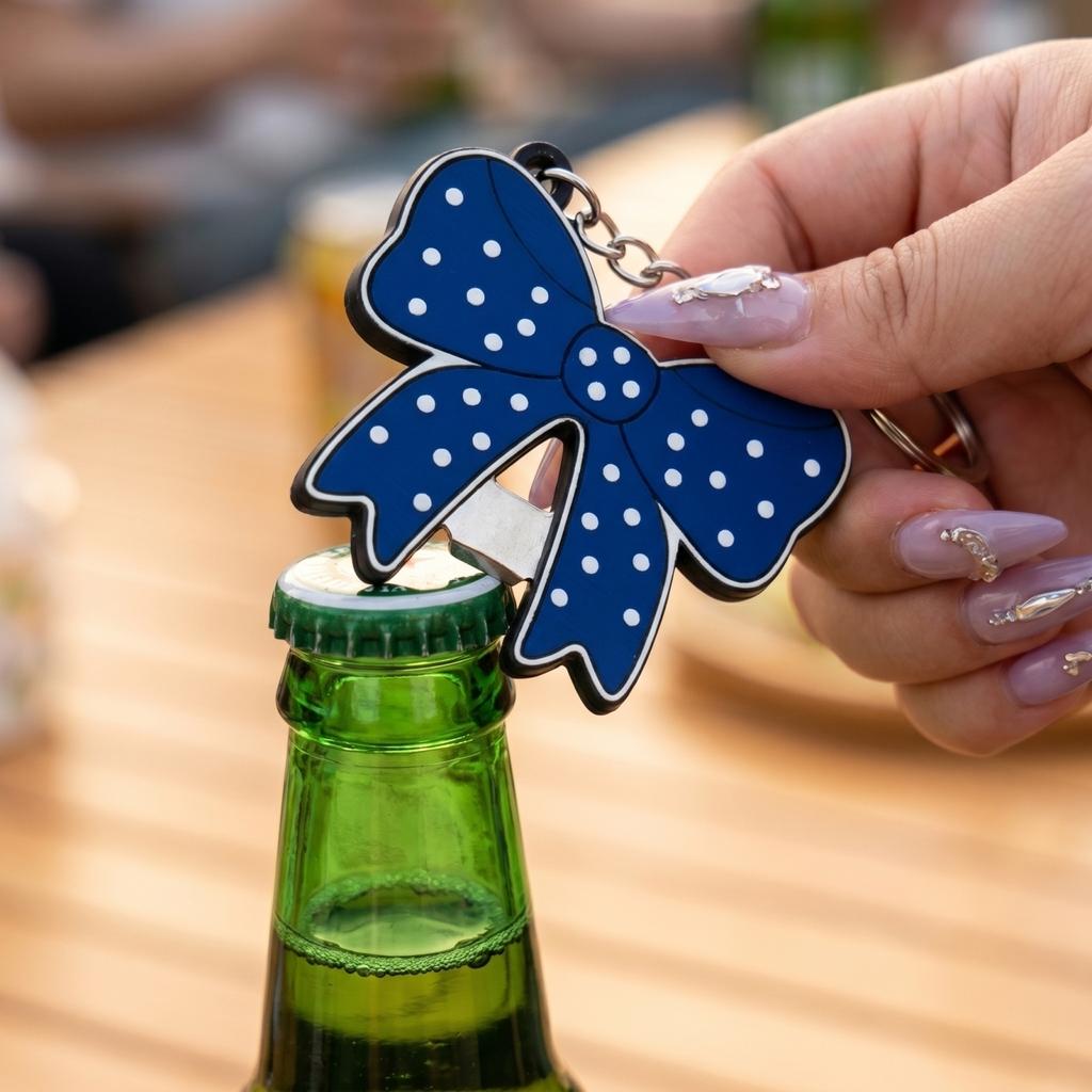 Creative Bow Shaped Keychain Bottle Opener Durable Metal Key Ring Practical Portable Design for Everyday Use and Easy Carrying