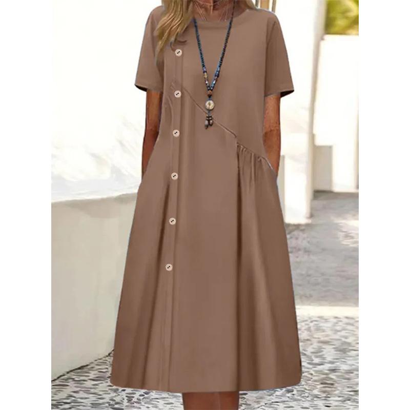 Damen Midi-Kleid mit Knöpfen, geraffter Taille und Taschen, lässiges, lockeres Tunika-Kleid